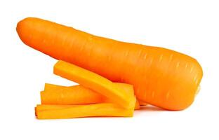 Side view of fresh orange carrot root with slices in stick shape in stack isolated on white background with clipping path photo