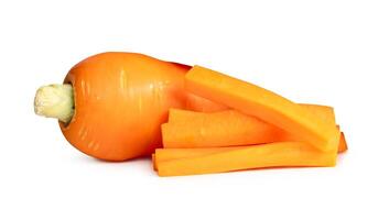 Side view of fresh orange carrot root with slices in stick shape in stack isolated on white background with clipping path photo