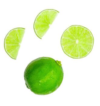 Top view set of fresh green lemon fruit with half and slices or quarters isolated on white background with clipping path photo