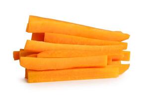Side view of orange carrot slices in stick shape in stack isolated on white background with clipping path photo