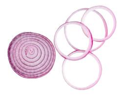 Top view set of fresh red or purple onion slices or onion rings with half isolated on white background with clipping path photo