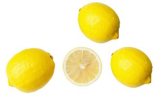 Top view set of three fresh ripe yellow lemon fruits with half or slice isolated on white background photo