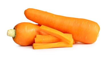 Side view of fresh orange carrot roots with slices in stick shape in stack isolated on white background with clipping path photo