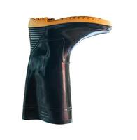 Side view of one side of black gumboots or rubber boots isolated on white background with clipping path photo