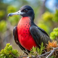 An Image of a Frigatebird standing on a branch of a tree photo