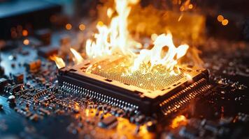 A computer motherboard on fire with a circuit board in the background video