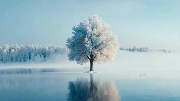 A lone tree in the middle of a frozen lake surrounded by trees video