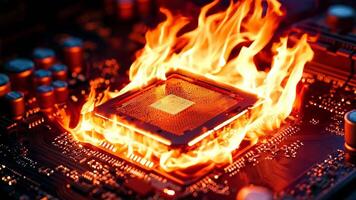 uma computador placa mãe em fogo com uma CPU em topo do isto video
