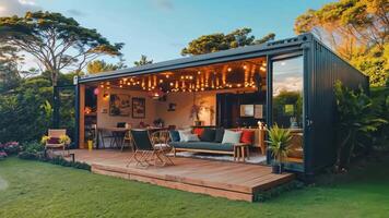 A patio with a couch, table and chairs in the backyard of a shipping container video