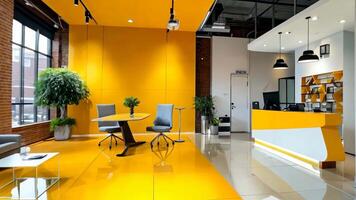 A yellow and white reception area in an office with a couch, table and chairs video