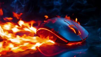 A computer mouse on fire on a black surface video
