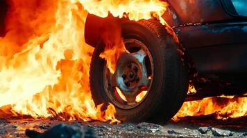 A car on fire with a tire on the ground video