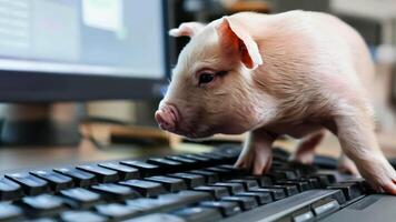 A small pig standing on top of a computer keyboard video