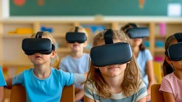 A group of children wearing virtual reality headsets in a classroom video