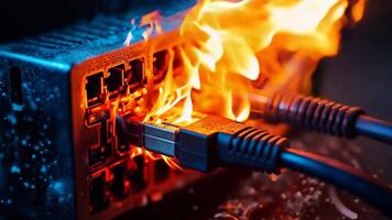 A computer power supply on fire with a blue ethernet cable plugged into it video