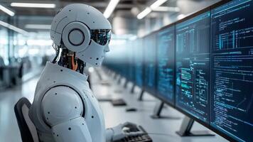 A robot sitting at a desk in front of a computer monitor video