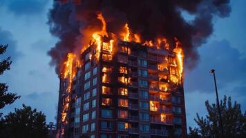 A tall building on fire with smoke billowing out of it video