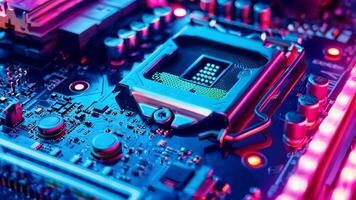 A close up of a computer motherboard with a red and blue light video