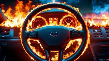 A car dashboard with a steering wheel covered in flames video