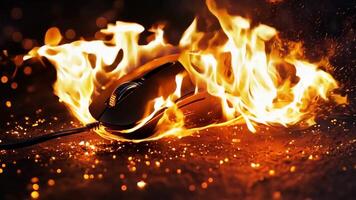 A computer mouse on fire on a black background video