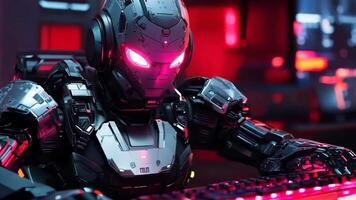 un robot sentado a un teclado en un oscuro habitación video