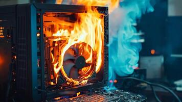 A computer case on fire with a fan on top of it video