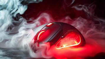 A computer mouse with a red light on it in the smoke video