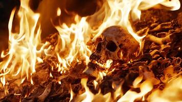 A skull in the middle of a fire with flames video