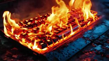 A computer keyboard on fire on a table video