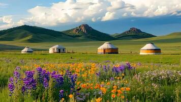A field of wildflowers in front of yurts in the middle of a grassy field video