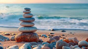 A stack of rocks on a beach with the ocean in the background video
