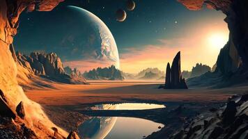 A view of a desert landscape with a lake in the middle of it video