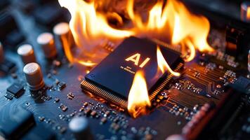 A computer motherboard on fire with the word AI on it video