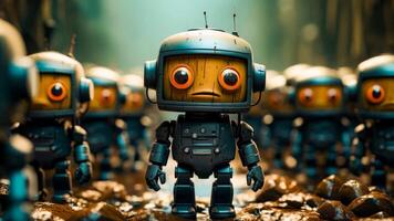 A group of robots standing in a line in a forest video