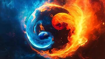 A fire and ice yin and yang symbol in the middle of a dark blue and red background video