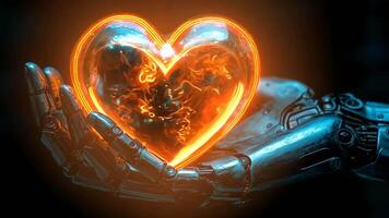 A robot hand holding a glowing heart in the palm of a hand video