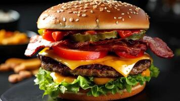 A large hamburger with bacon, lettuce, tomato, cheese, and pickles on a bun video