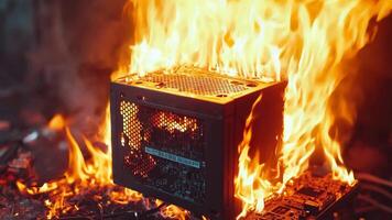 A computer case on fire with a lot of wires on it video