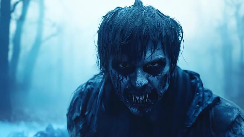 A man in a dark forest with a scary face 50735604 Stock