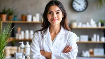 A woman in a white lab coat standing in front of a counter with her arms crossed video