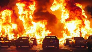 A large group of cars are engulfed by flames in a parking lot video