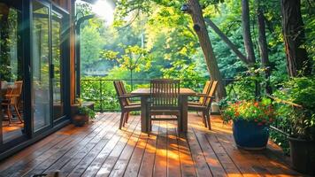 A wooden deck with a table and chairs on it video