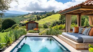 A pool with a couch and a gazebo next to it video