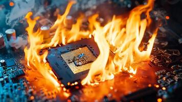 A computer motherboard on fire with a circuit board in the background video