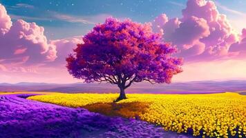 A lone tree in the middle of a field of flowers video