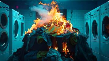 A pile of clothes on fire in a laundry room video