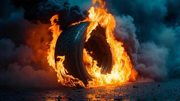 A tire on fire with smoke coming out of it video