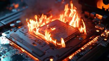 A computer motherboard on fire with a cpu on top of it video