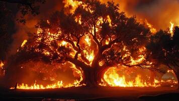 A large tree is engulfed by flames in the middle of a forest video