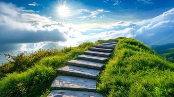 A set of stone steps leading up to the top of a grassy hill video